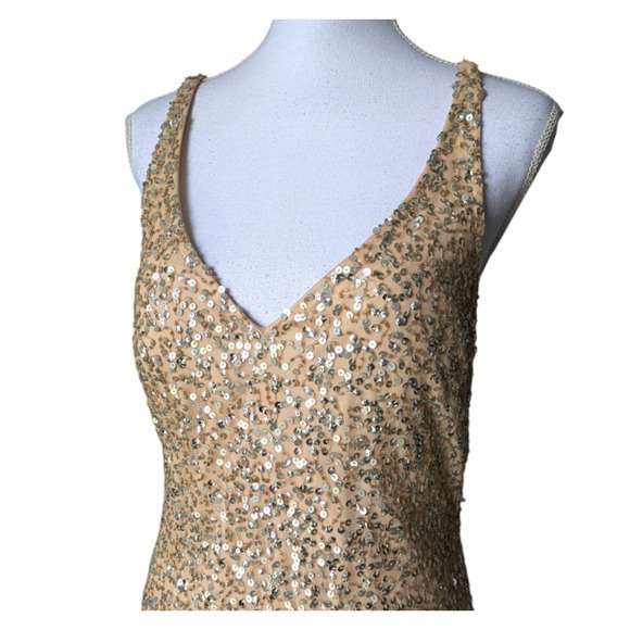 Mac Duggal 93800 Floral Sequin Strappy Nude Silver Gold Gown AS IS Sz 6 V Neck - Picture 6 of 16